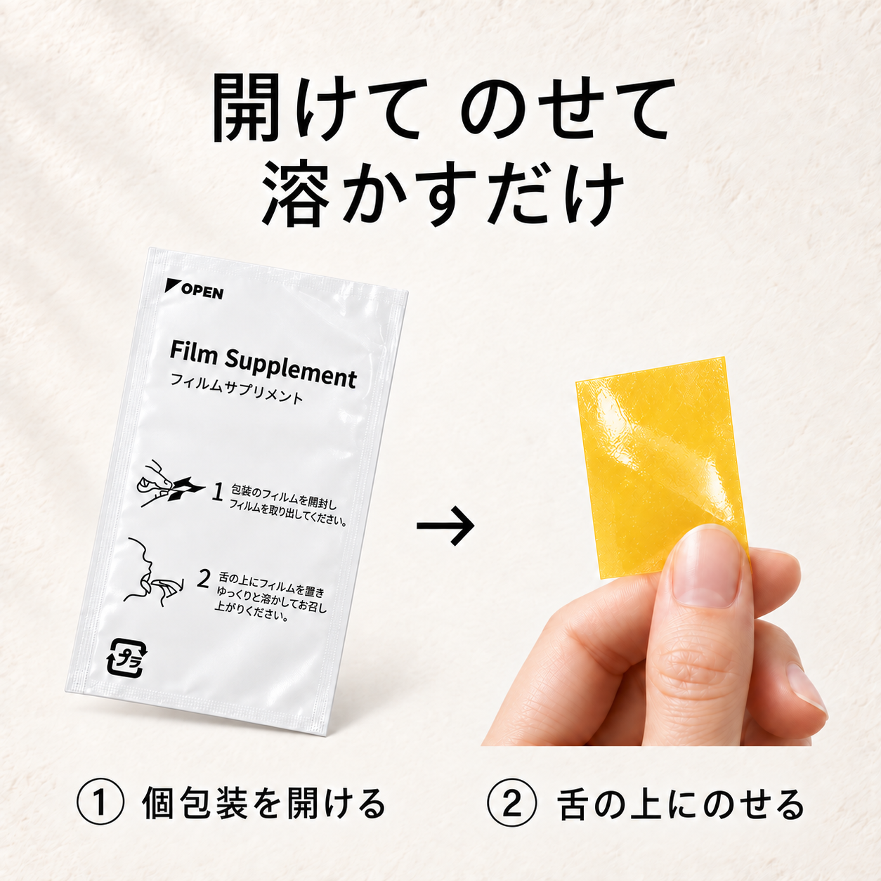 開封前の個包装と、指で持った黄色のフィルム
